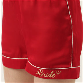 Bride Embroidered Red Silk Shorts With Camisole Set