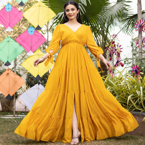 Mustard Yellow Pleated Angrakha Style Floor Length Dress