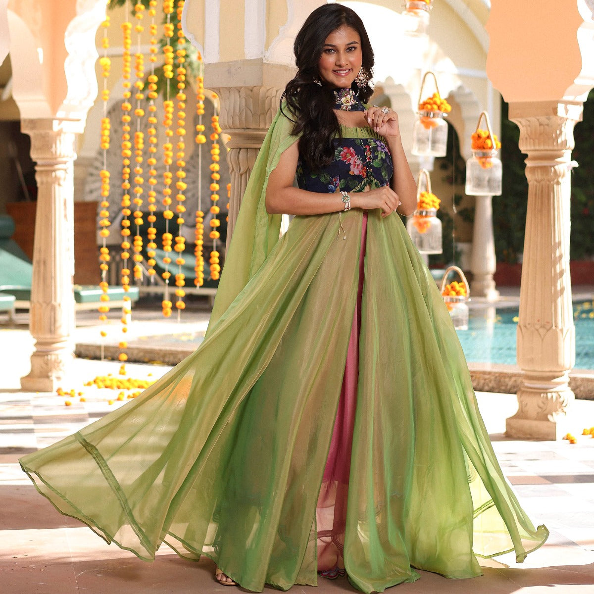 Green Anarkali Multicolor Skirt Set