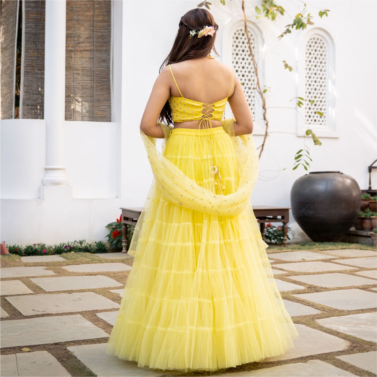 Lemon Yellow Lehenga In Tiered Pattern And Jaal Embroidered Sleeveless  Choli Online - Kalki Fashion | Yellow lehenga, Indian wedding outfits,  Lehenga style