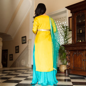 Yellow Aqua Silk Suit Set