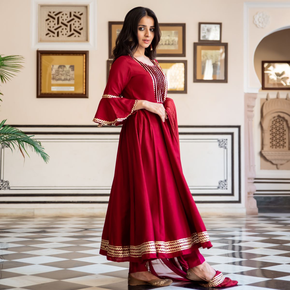 Angrakha Chanderi Maroon Anarkali Suit Set – Trendphoria