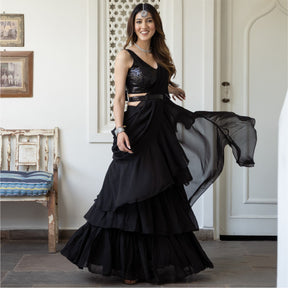 Black Georgette Saree With Stitched Blouse