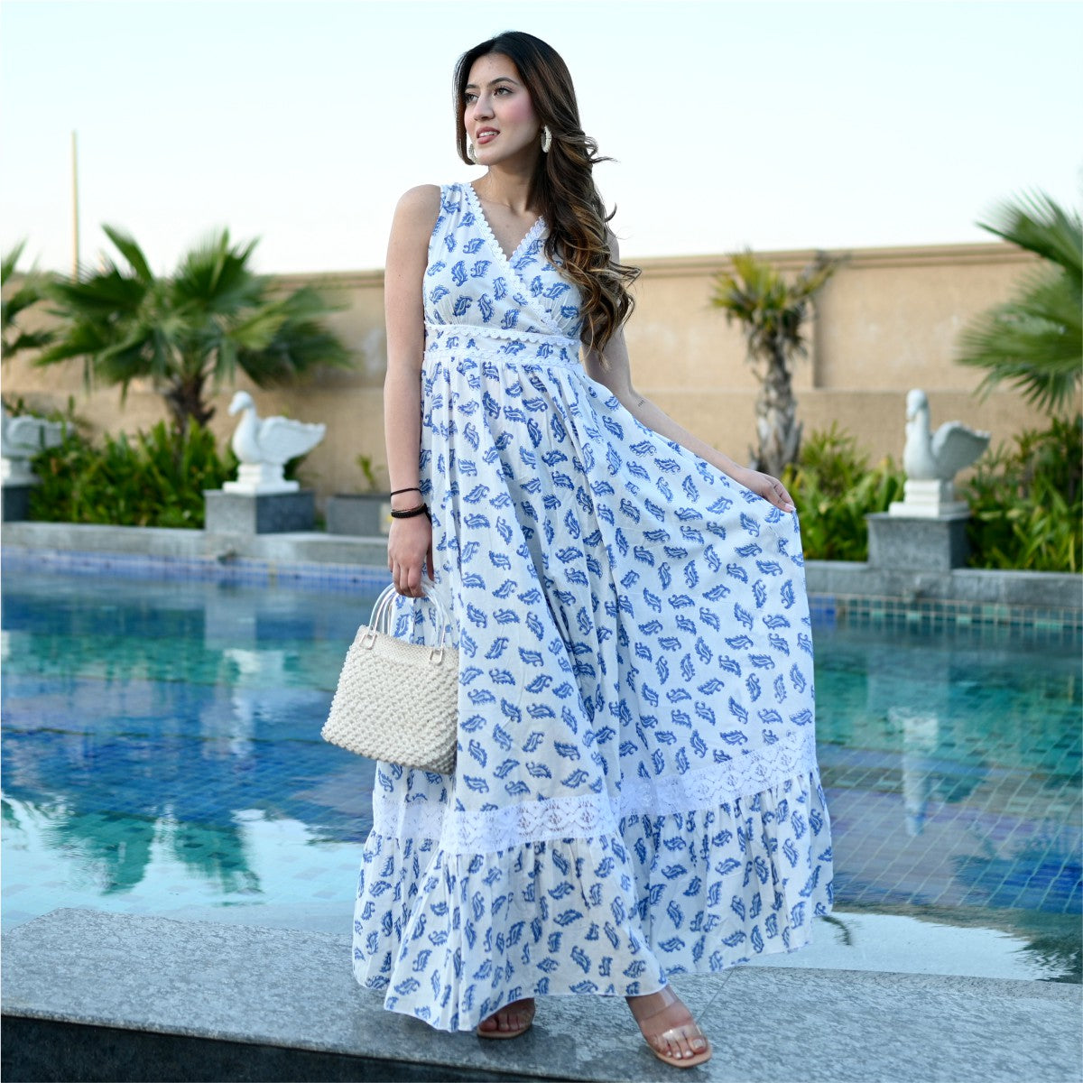 White And Blue Printed Cotton Dress