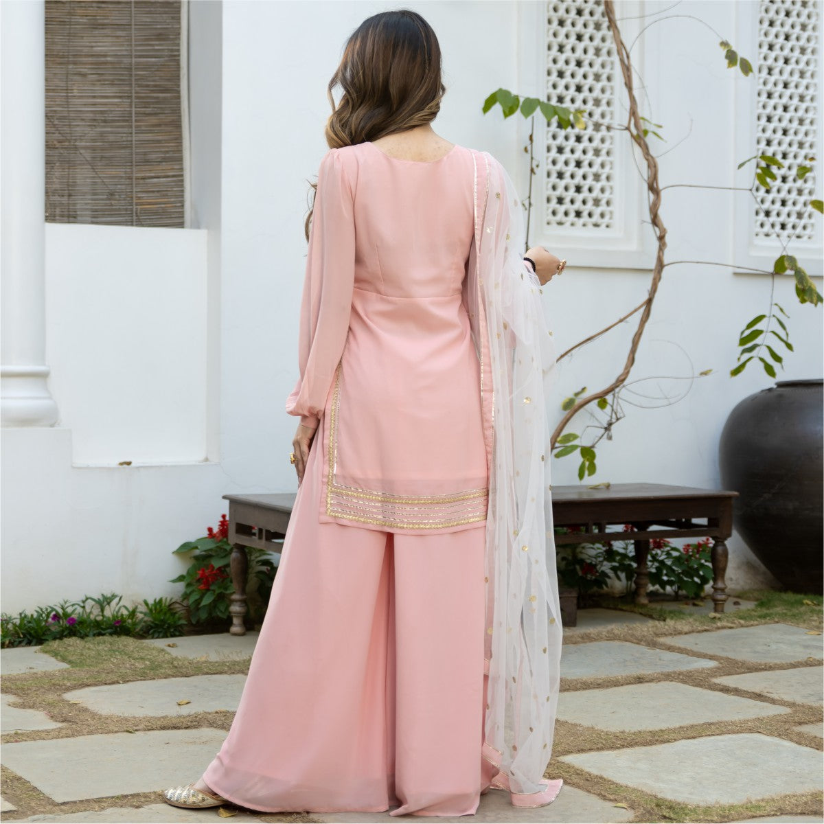 Buy Pink Kota Doriya Geometric Notched Print Kurta With Palazzo For Women  by Naintara Bajaj Online at Aza Fashions.