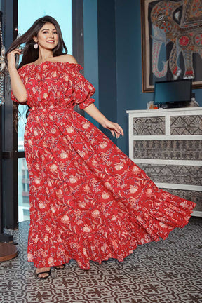 Red Off Shoulder Floral Print Dress