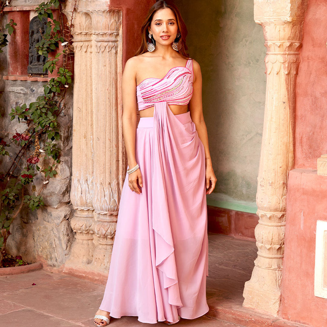 Black And Rosy Pink Ready To Wear Embroidered Lycra Saree Cum Gown - Buy  Online in India @ Mehar