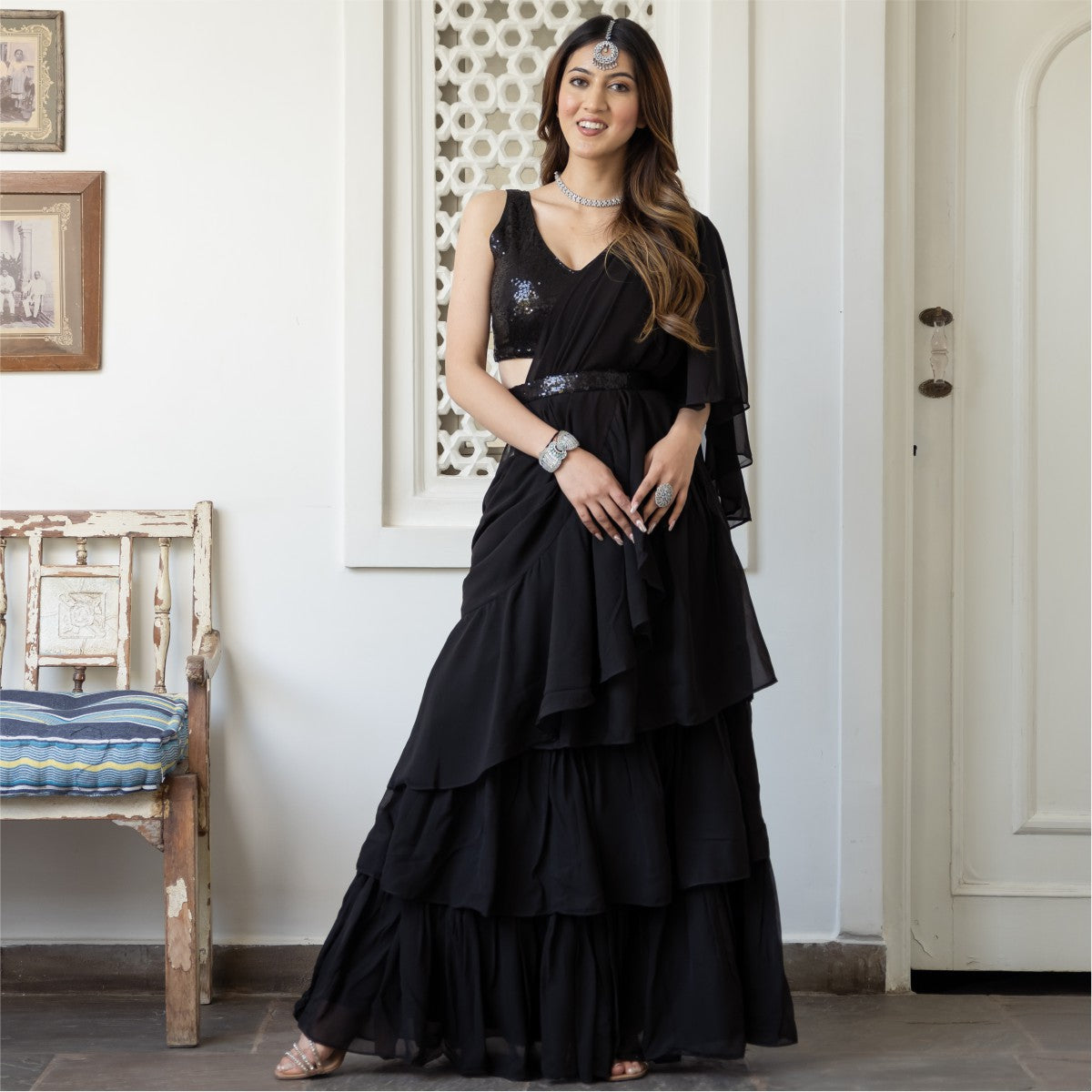Black Georgette Saree With Stitched Blouse