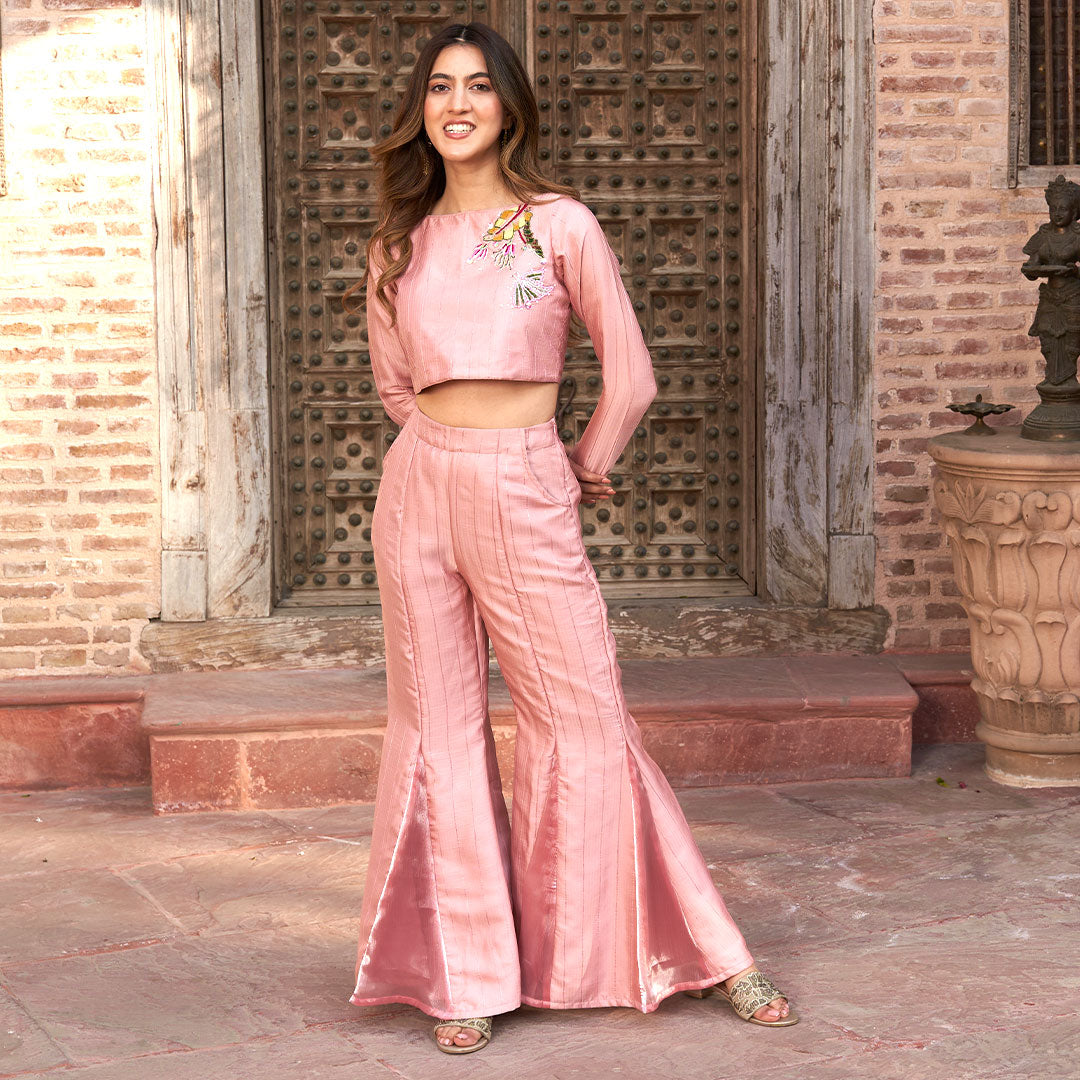 ROSE PINK CROP TOP WITH BELL BOTTOMS