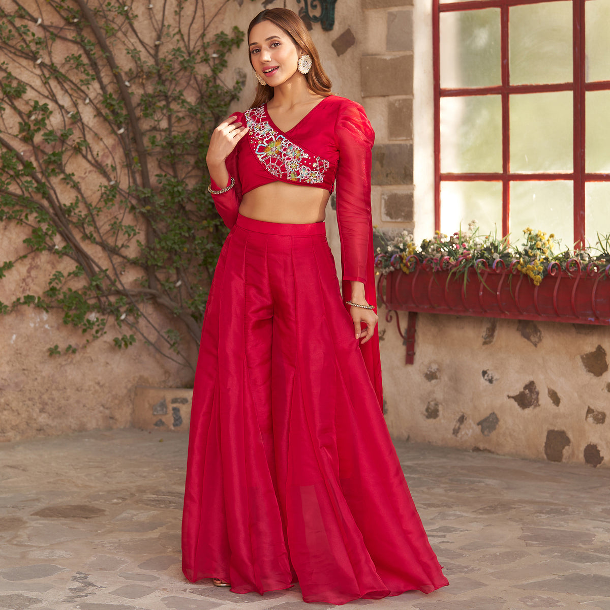 RUBY RED CROP BLOUSE WITH SHARARA SET