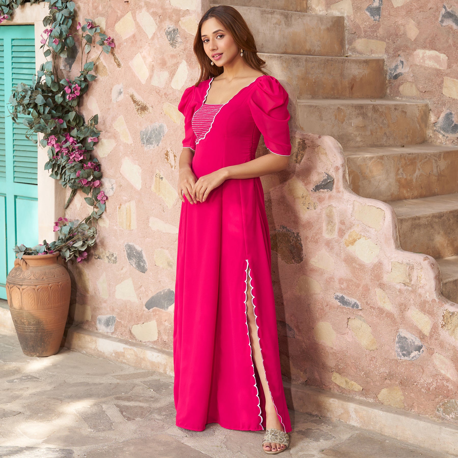 Pink Hand Embroidered Slit Gown