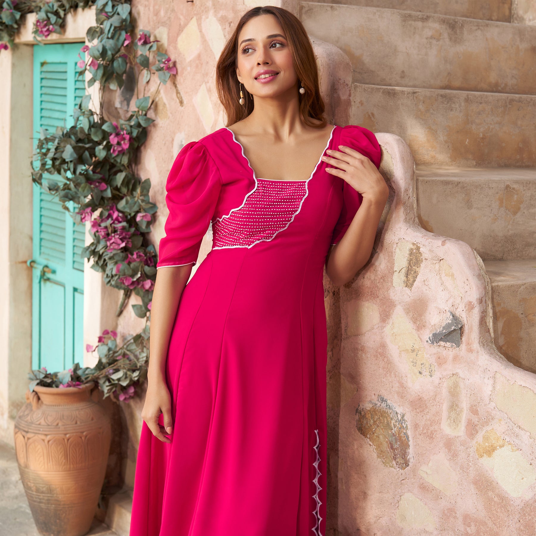 Pink Hand Embroidered Slit Gown