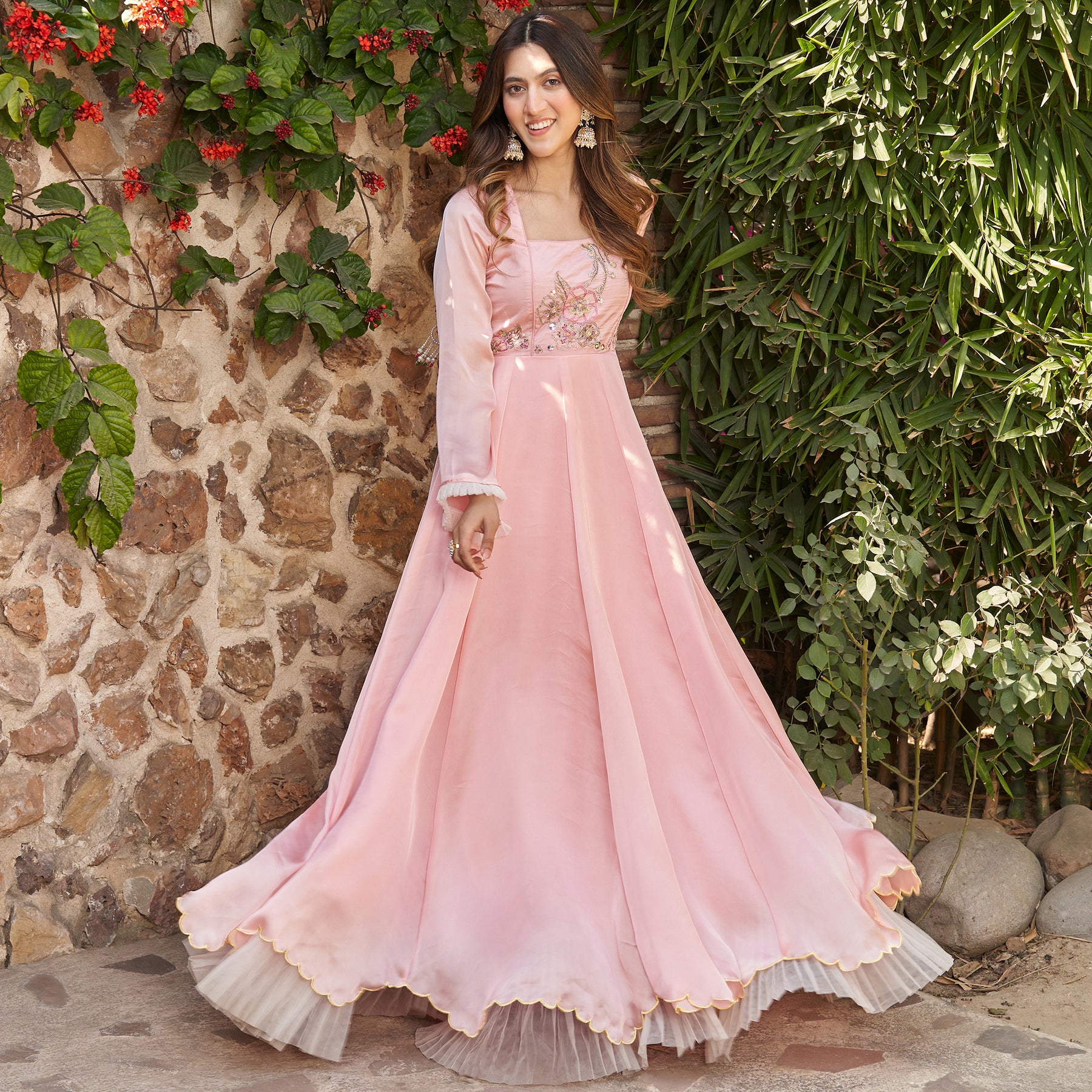 Peach Embroidered Cotton Designer Gown - Gowns