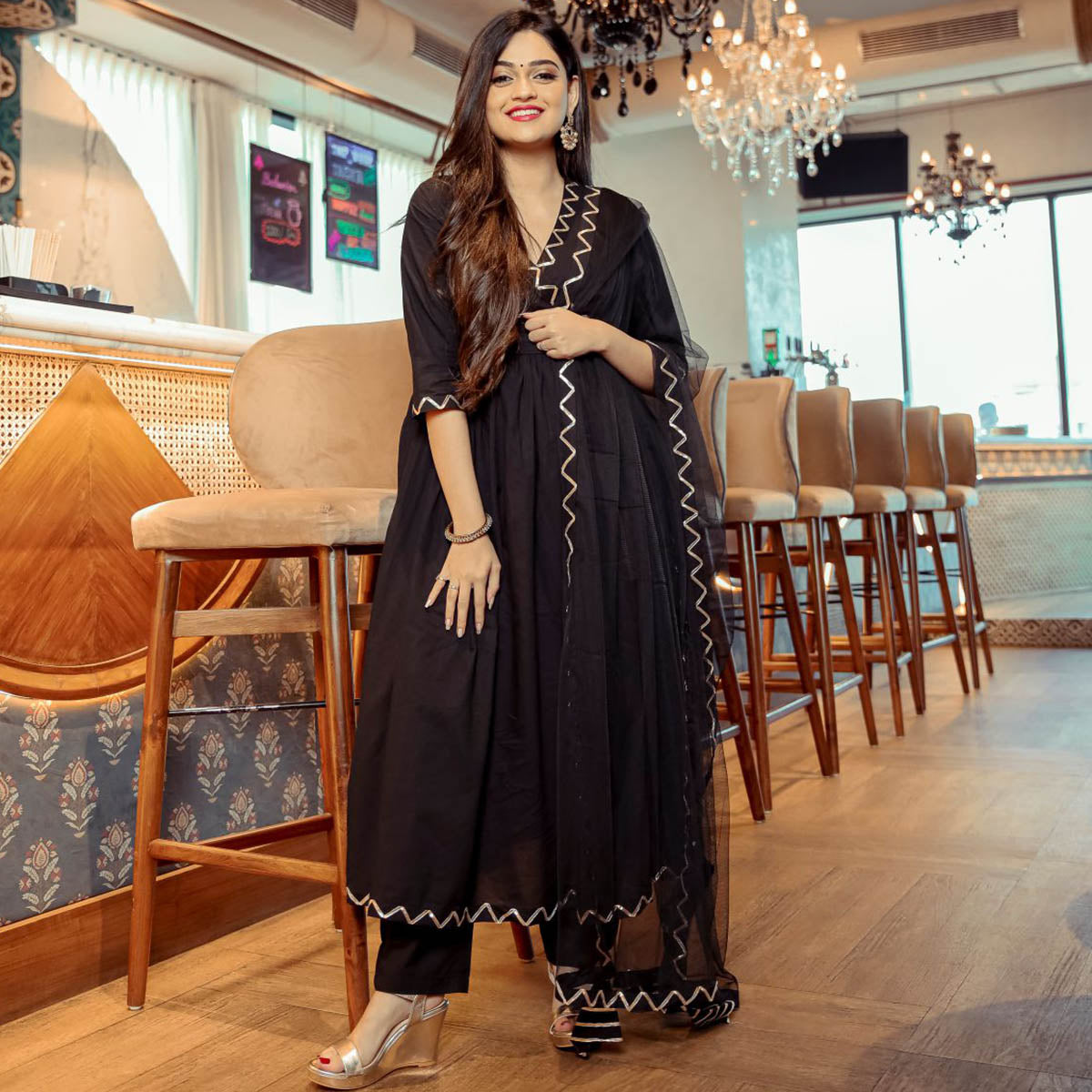 Black Designer Art Silk Patiala Salwar Suit - Vega Fashion - 3848139