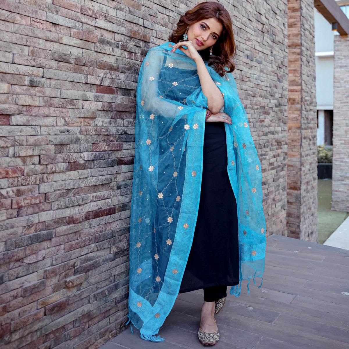 Gleaming Sky Blue Colored Casual Wear Embroidered Cotton Dress Material