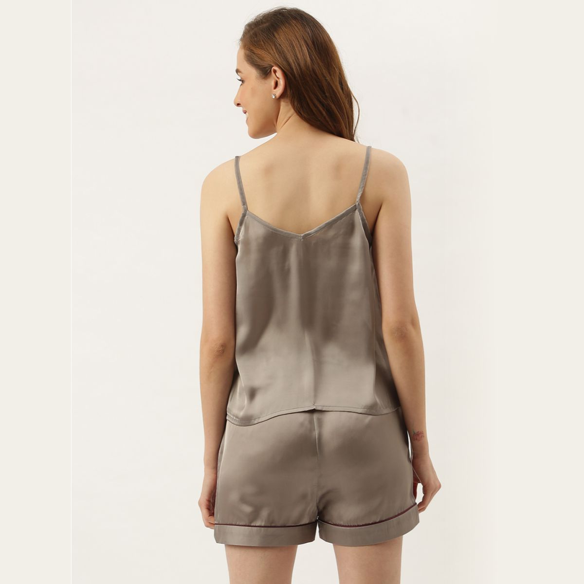 Bride Embroidered Grey Silk Shorts With Camisole Set