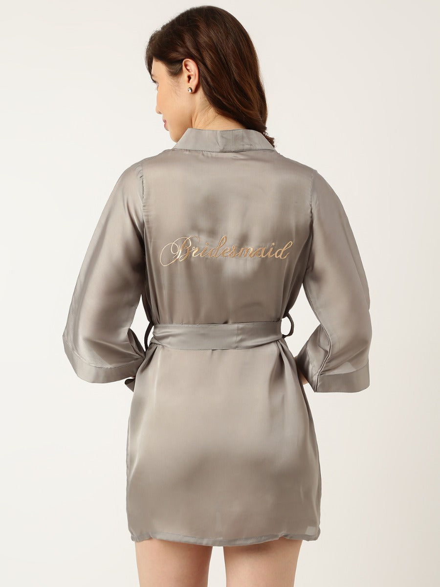 Bridesmaid Embroidered Grey Silk Robe