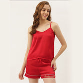 Bridesmaid Embroidered Red Silk Shorts With Camisole Set