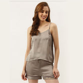Bridesmaid Embroidered Grey Silk Shorts With Camisole Set