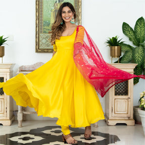 Yellow & Pink Silk Anarkali Set