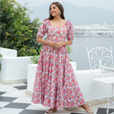 Pink Cotton Printed Flared Long Dress