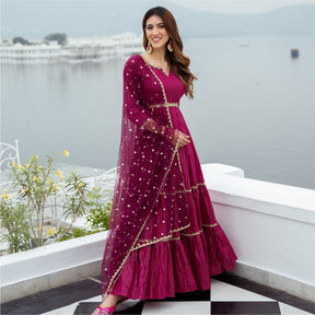 Pink Cotton Lurex Long Dress With Dupatta