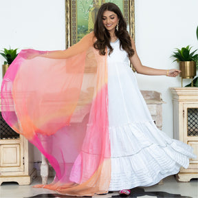 White Long Flared Dress With Dupatta
