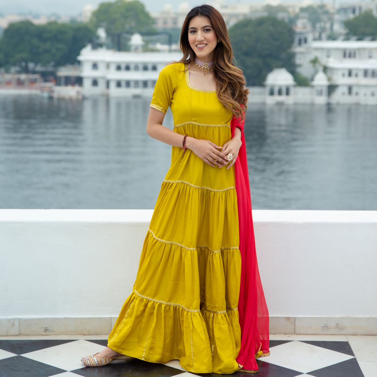 Yellow Silk Long Dress With Dupatta