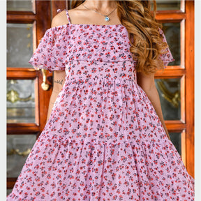 Pink Floral Printed Off Shoulder Dress