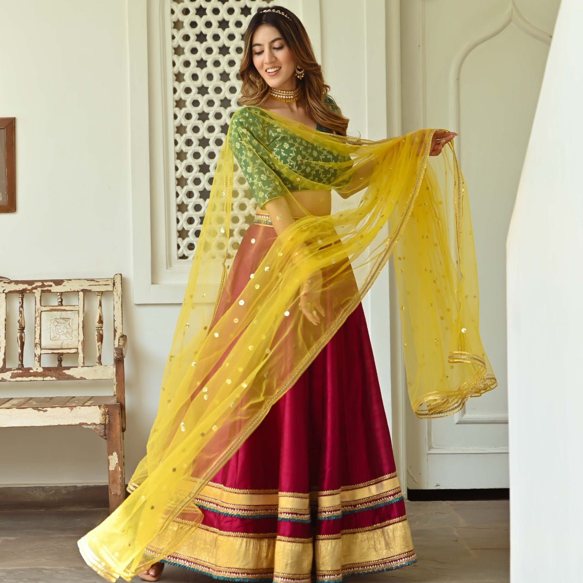 Pink Ethnic Semi-Stitched : Buy Pink Ethnic Green Georgette Semi-Stitched  Lehenga & Unstitched Blouse And Dupatta (Set of 3) Online | Nykaa Fashion