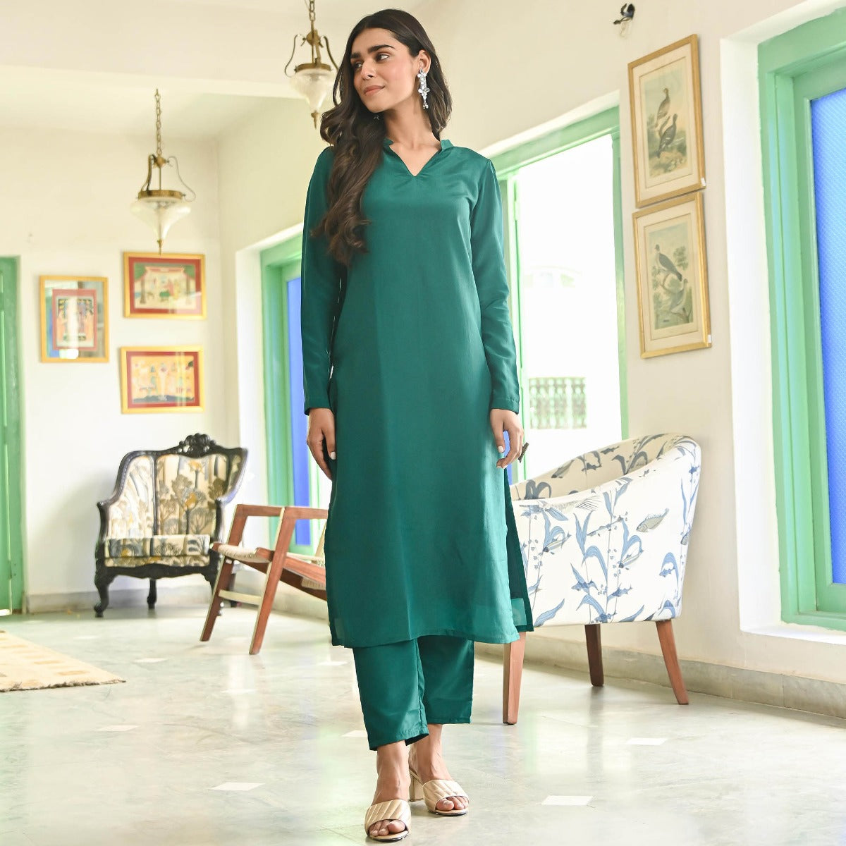 1544079: Party Wear Green color Banarasi Silk, Satin Silk fabric Kurti