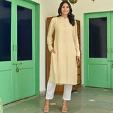 Beige Rayon Solid Kurta with White Pants
