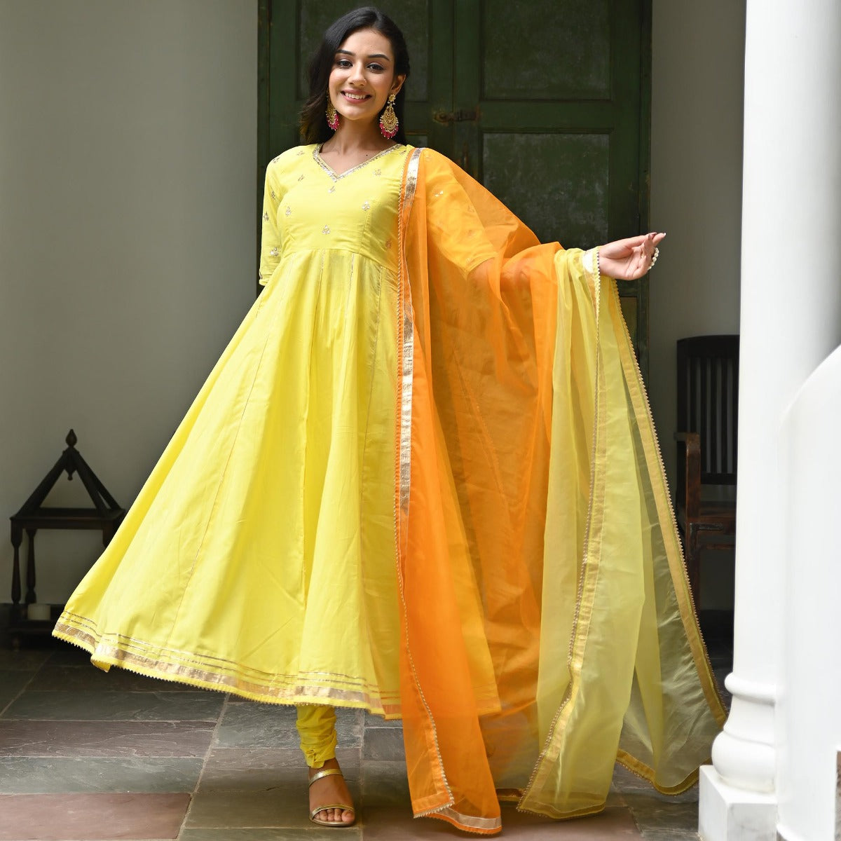 Yellow Embroidered Cotton Anarkali Set