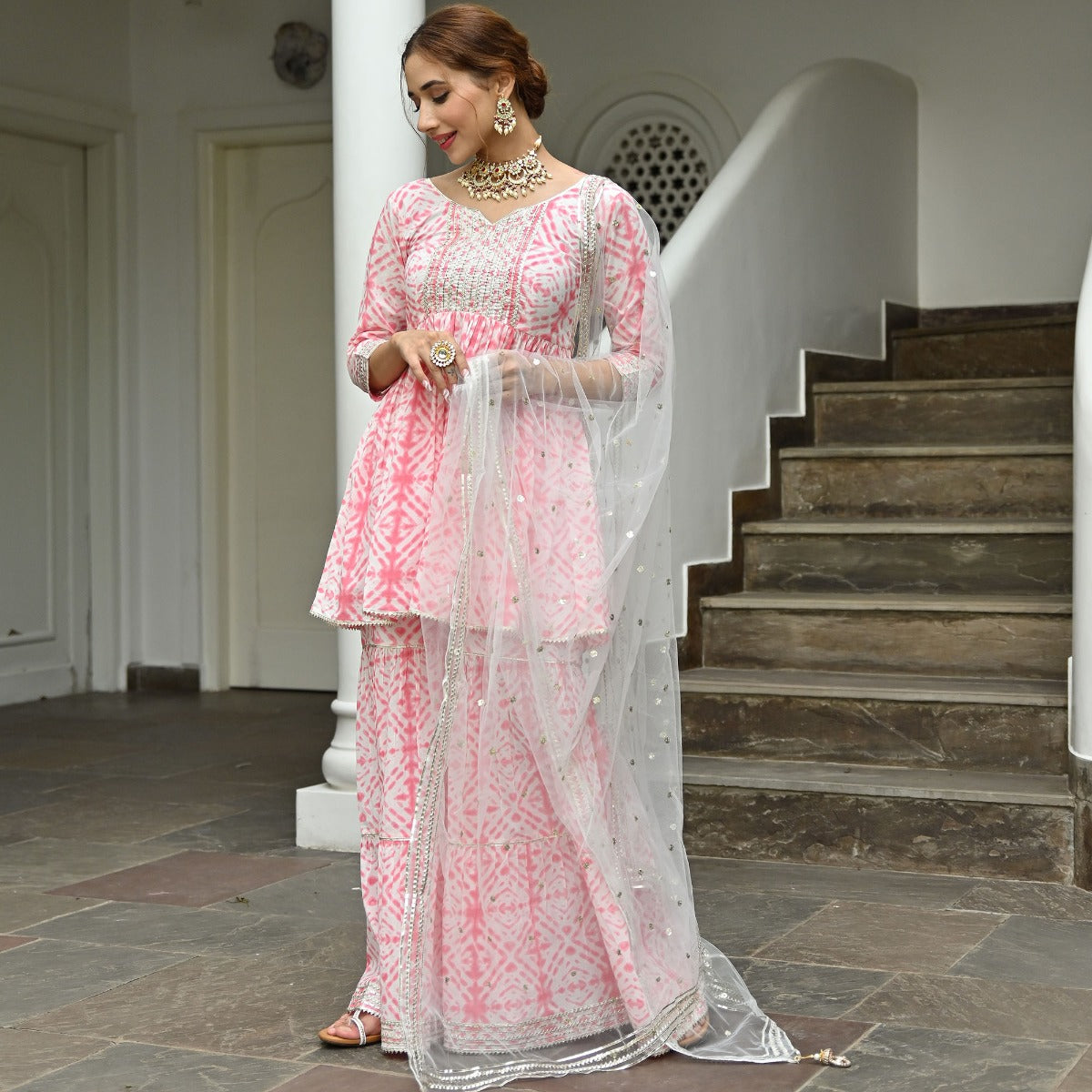 Pink Cotton Printed Sharara Set