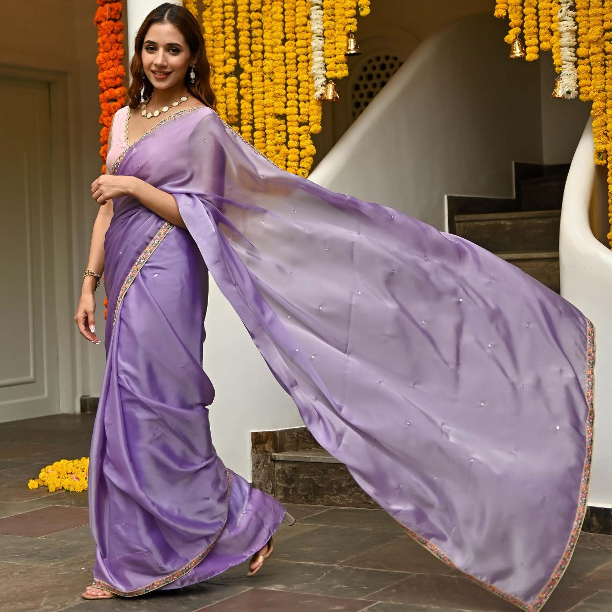 Lilac Saree With Embroidered Blouse