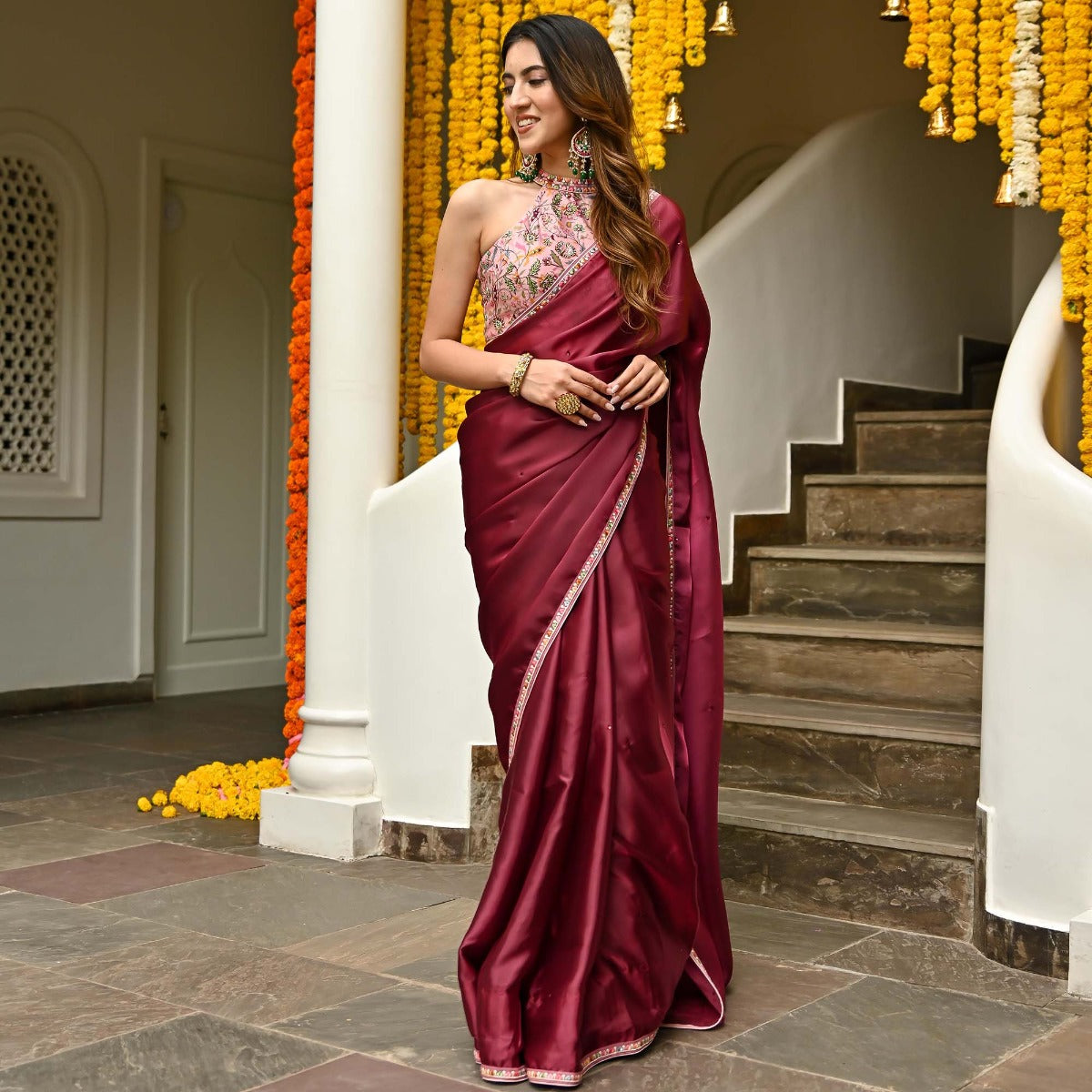 Maroon Lycra Pre Fancy Saree With Handworked Patch Decoration Material:  Stones at Best Price in Surat | Dp Manufacture