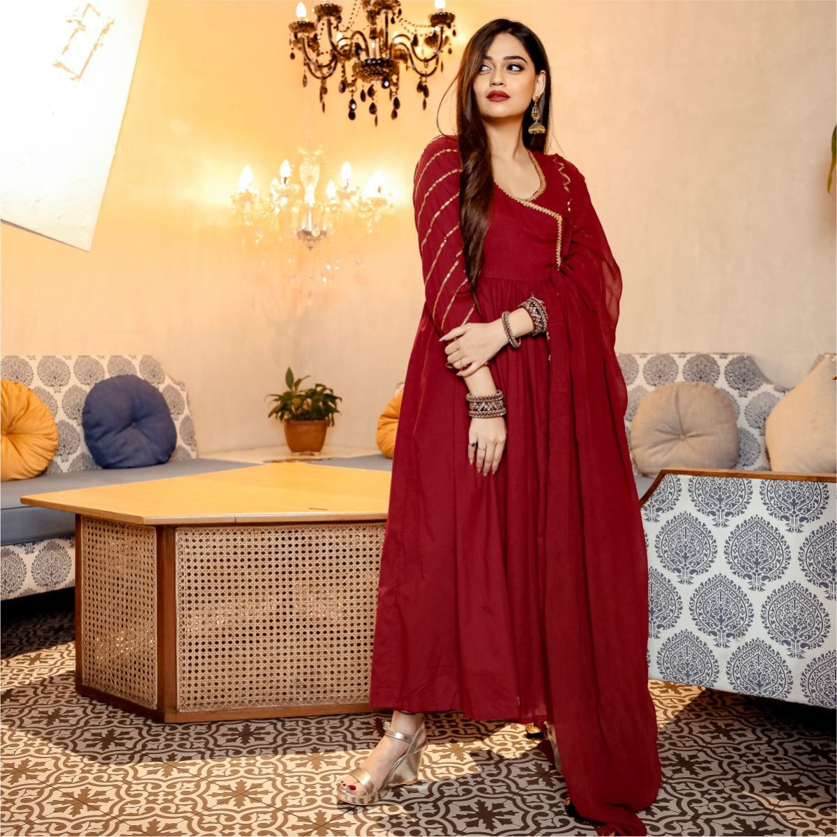 Mulmul Brown Kalakhatta Anarkali Frock Suit With Organza Dupatta Set for  Women