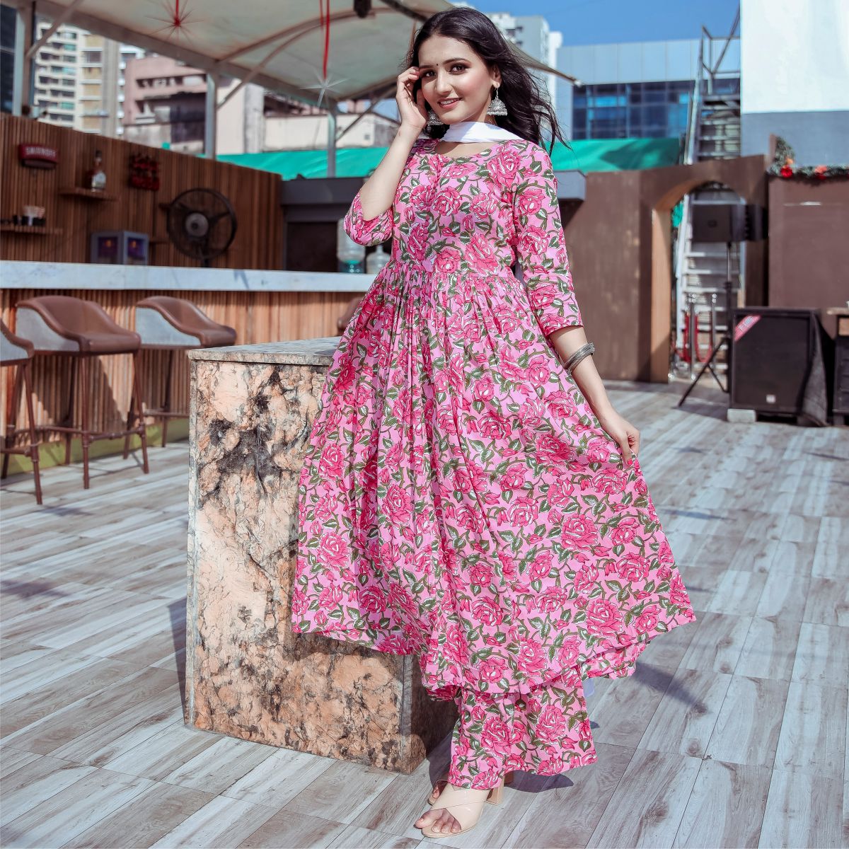 Buy Pink Anarkali Style Printed kurta set for women Online
