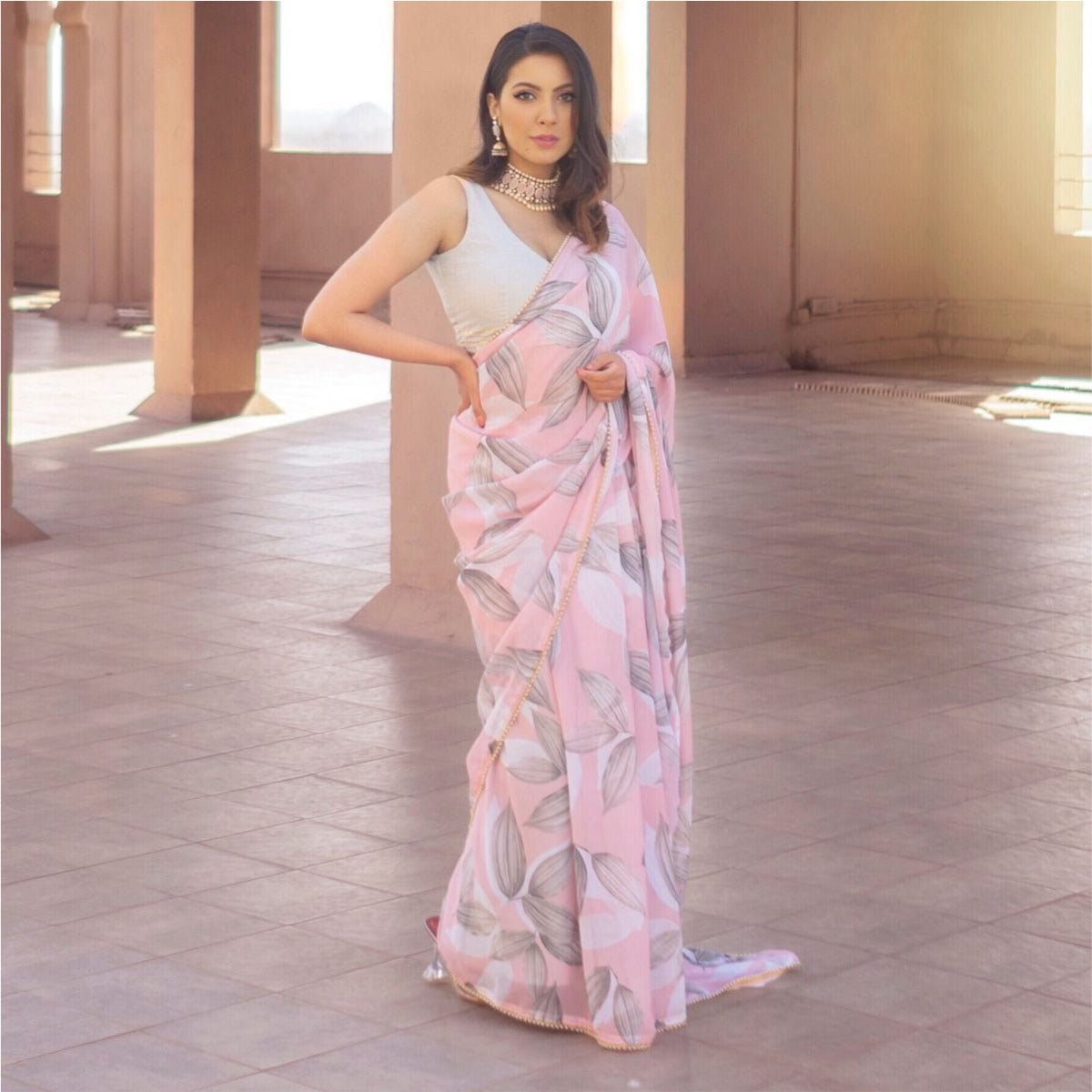 Peach Georgette Saree With Unstitched Blouse