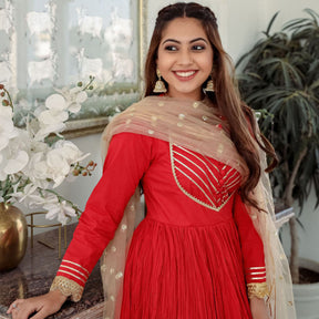 Red Cotton Crushed Anarkali Set