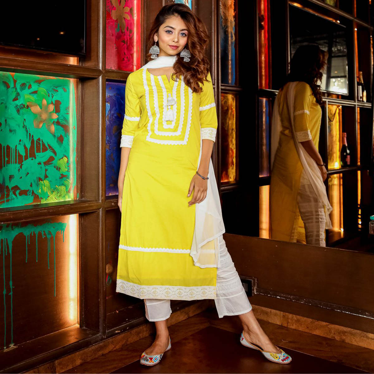 Buy Yellow & White Ring Jaal Lucknowi Chikankari Casual Georgette Kurti  Online at Kiko Clothing